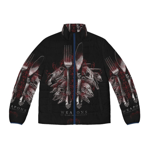 Puffer jacket with weapons and skull design, focus keyword: puffer jacket
