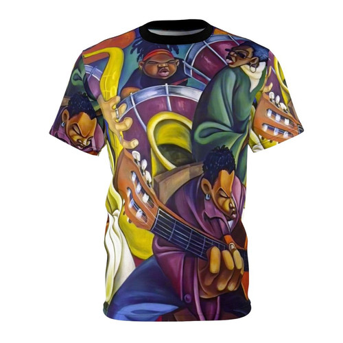 Vibrant t-shirt design featuring a rainbow and silhouette of a music artist