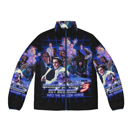 A stylish white boy puffer jacket with a quirked up design for the white boy summer.