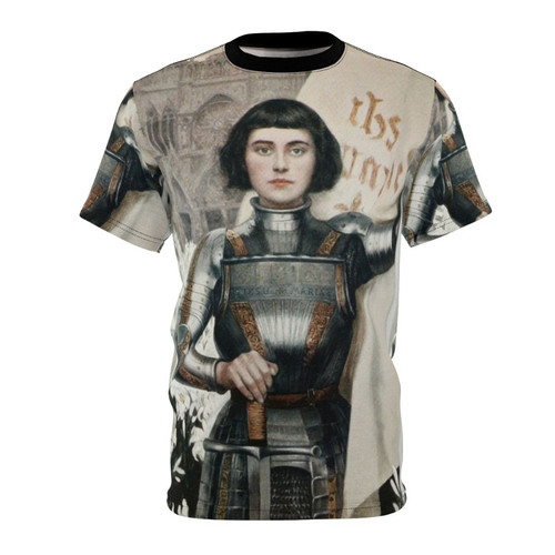 T-shirt featuring a medieval-inspired illustration of Jeanne D'Arc, a celebrated French historical and religious figure.