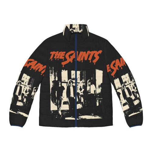 Model wearing the Saints Punk Rock Puffer Jacket, a stylish and warm winter jacket for music fans