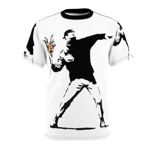 Stylized flower stencil design on a modern t-shirt, inspired by street art and political protest.