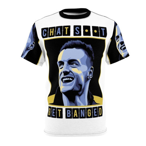 All over print t-shirt with the quote "Chat Shit Get Banged" and football-inspired graphics
