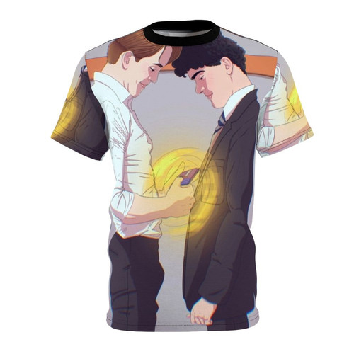 Heartstopper-inspired all-over-print t-shirt featuring characters Charlie Spring and Nick Nelson