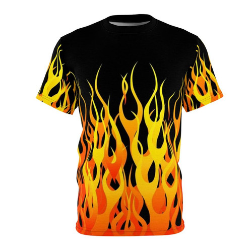 Realistic racing flames graphic on a high-quality t-shirt for car enthusiasts