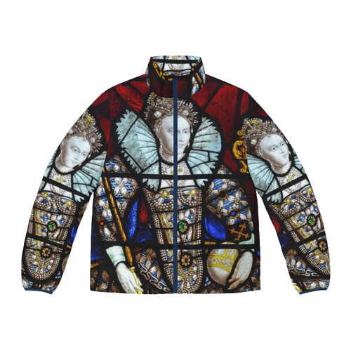 Queen Elizabeth I Stained Glass Puffer Jacket with Regal Design