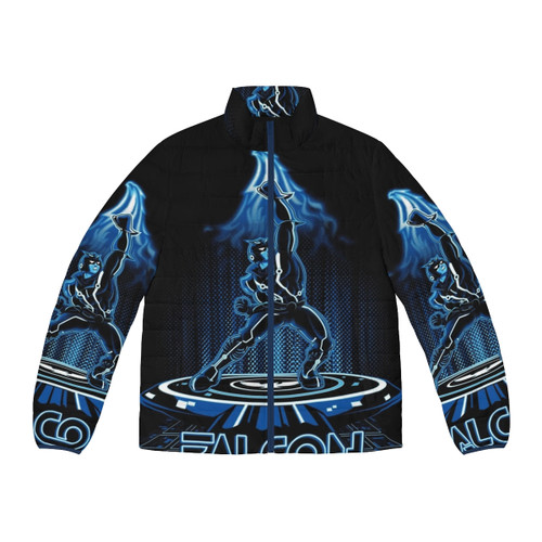 Tron inspired Faltron puffer jacket with cyberpunk and retro gaming influences