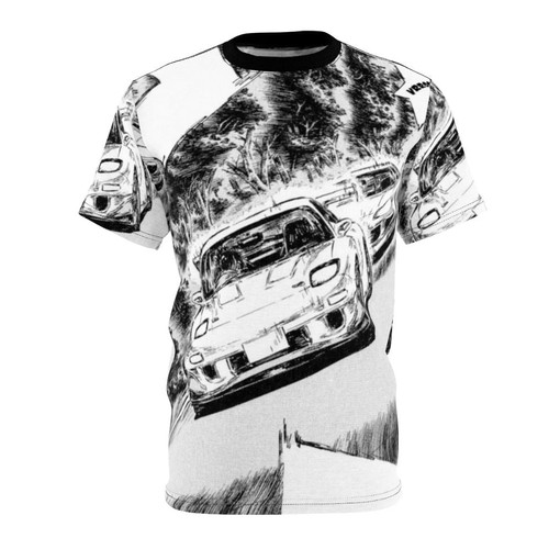 Anime-inspired aop t-shirt featuring the iconic Mazda RX-7 and Toyota Supra from Initial D