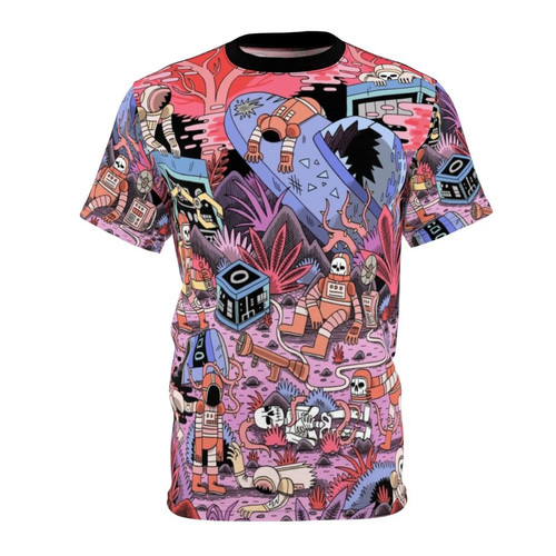 Chaos AOP T-shirt featuring a detailed design with astronauts, spaceships, and cosmic elements