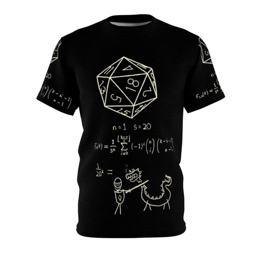 A t-shirt design featuring the science and mathematics behind 20-sided dice, a popular gaming accessory.