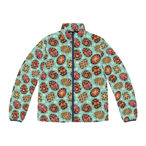 Pysanky Puffer Jacket featuring a colorful Ukrainian-inspired painted egg pattern