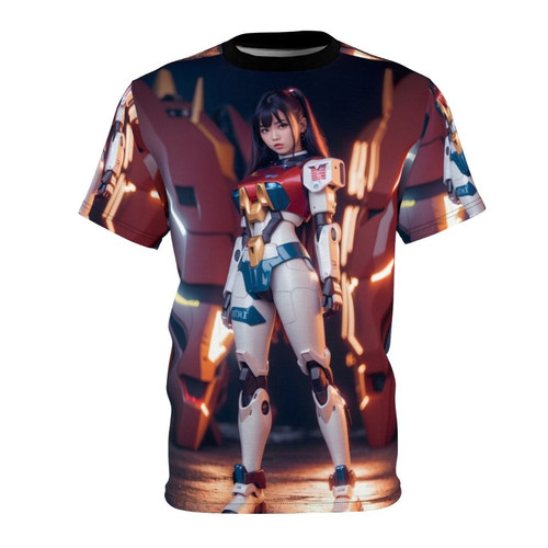 Mecha pilot girl in digital art style on a t-shirt, featuring Japanese cyberpunk inspired design