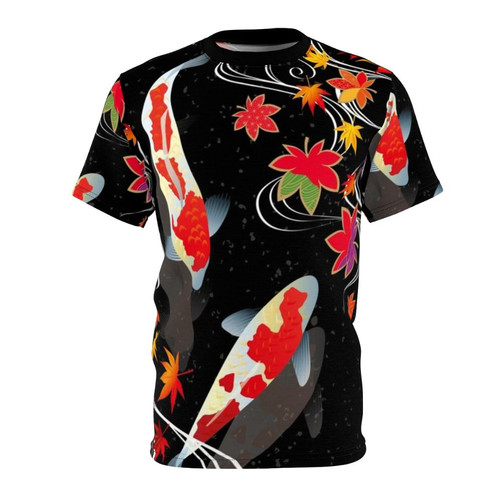 Model wearing a t-shirt featuring a vibrant Japanese koi fish design