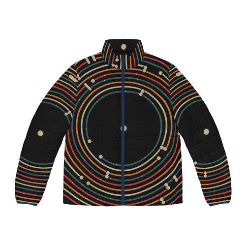 Stylish puffer jacket with a graphic music and metro map labyrinth design