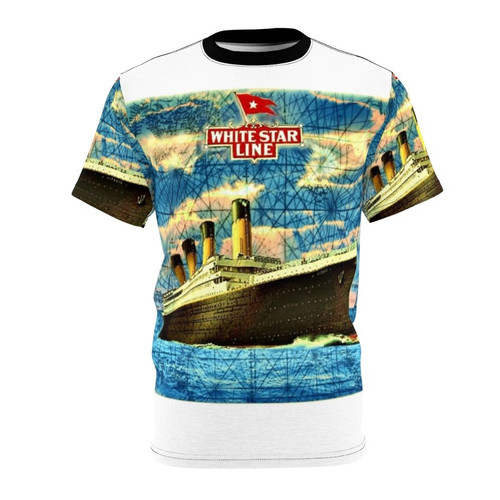 Vintage-style t-shirt featuring a maritime painting of the RMS Titanic ship