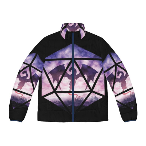 Purple Sky D20 Puffer Jacket featuring a dragon design for tabletop RPG fans