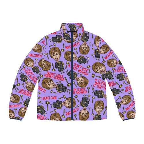 Purple puffer jacket with Judge Judy inspired print