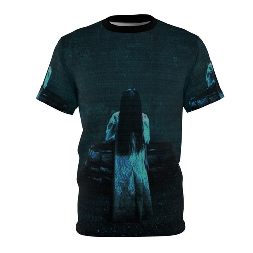 Spooky rings-inspired t-shirt featuring a dark blue design with a haunting theme