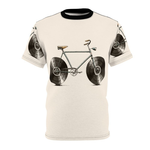 A t-shirt featuring a graphic design with a vinyl record and a bicycle, representing the combination of music and cycling.