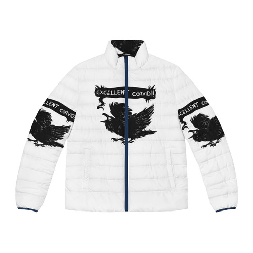 A stylish puffer jacket featuring a corvid design, perfect for bird and gothic enthusiasts.