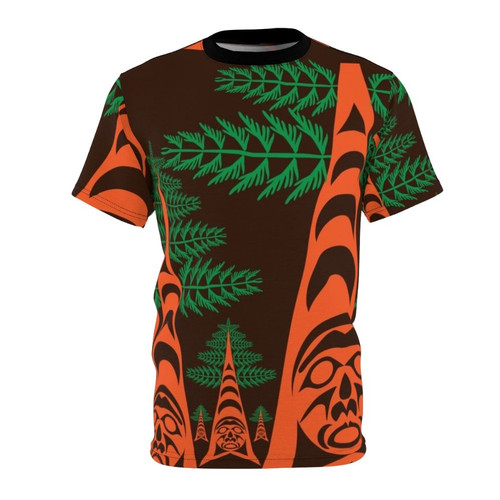 Artful t-shirt design featuring a serene cedar forest, inspired by the indigenous cultures of the Pacific Northwest.