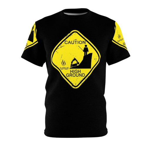 Caution sign t-shirt with a "High Ground" inspired design featuring a stick figure on a cliff against a lava background