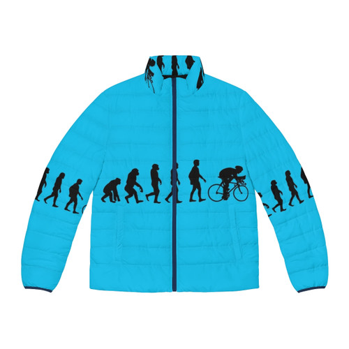 Eco-friendly evolution bike puffer jacket with darwin theory design