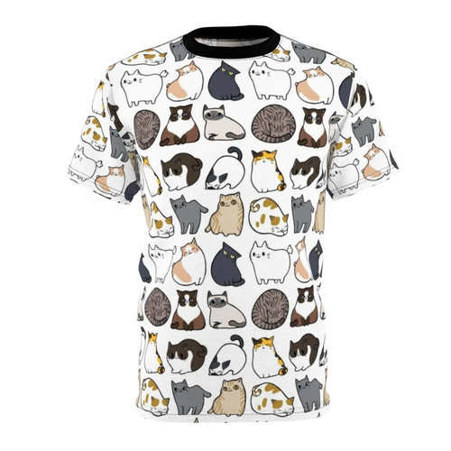 Stylish all over print t-shirt featuring a repeating cat pattern design