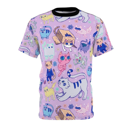 Whimsical t-shirt design featuring an adventure time inspired cat pattern with flowers, sparkles, and a kawaii style.