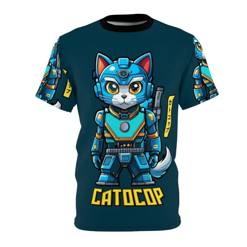 Illustration of a cat in a police uniform with cybernetic enhancements, against a sci-fi backdrop.