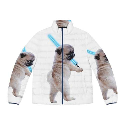 Pug wearing a puffer jacket with a lightsaber graphic