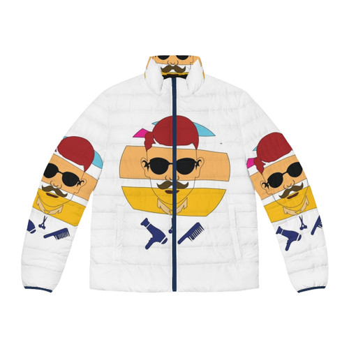 Vintage Halloween-themed puffer jacket with black cats, owls, and other spooky design elements