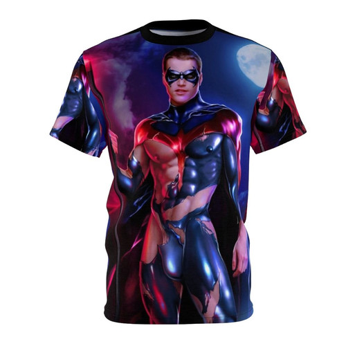 Red hot t-shirt with moon, superhero, and fitness inspired graphics