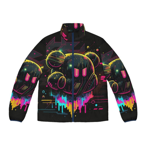 Psychedelic Kirby puffer jacket featuring vibrant, hallucinogenic graphics
