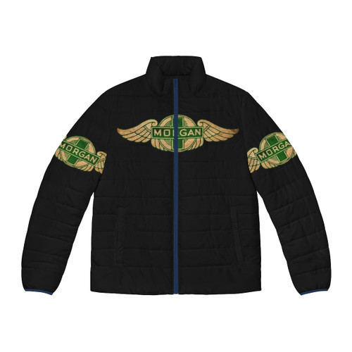 UK Vintage Cars Puffer Jacket featuring classic sports cars like Triumph, MG, and Lotus