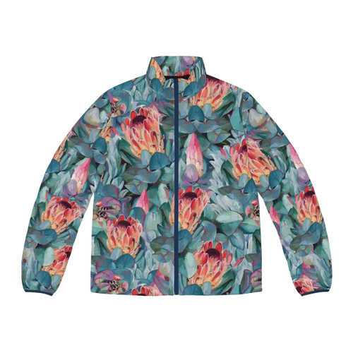 Protea flowers puffer jacket with vibrant, colorful floral pattern