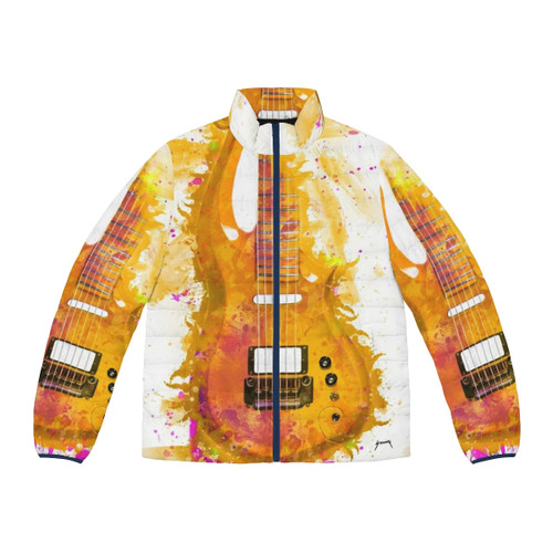 Prince's Electric Guitar Puffer Jacket featuring a watercolor painting of a guitar