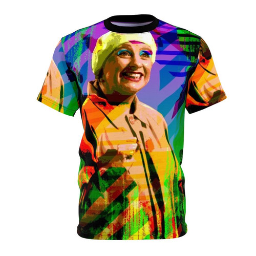 Vibrant AOP T-shirt featuring a design honoring the legacy of iconic comedian Victoria Wood as a beloved LGBTQ+ icon.