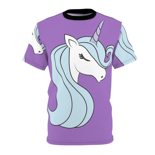 Minimalist illustration of a unicorn's head and horn against a purple and blue background