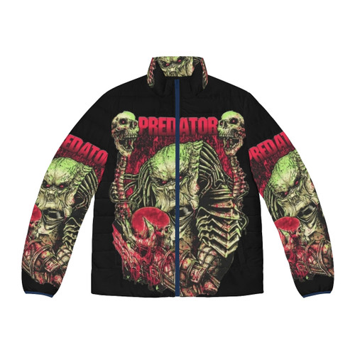 A puffer jacket featuring Predator art, a classic 80s movie monster