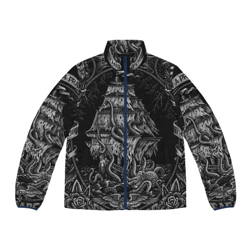 Vintage-style prayer for the seafarer puffer jacket with hand-drawn nautical and maritime design