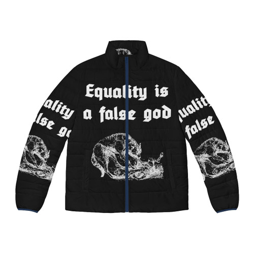 Equality is a False God Puffer Jacket with focus on social justice and progressive ideology