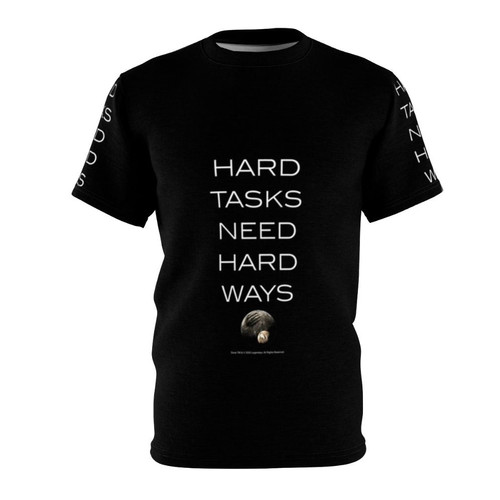 Dune fan art graphic t-shirt featuring the phrase "Hard Tasks Need Hard Ways"