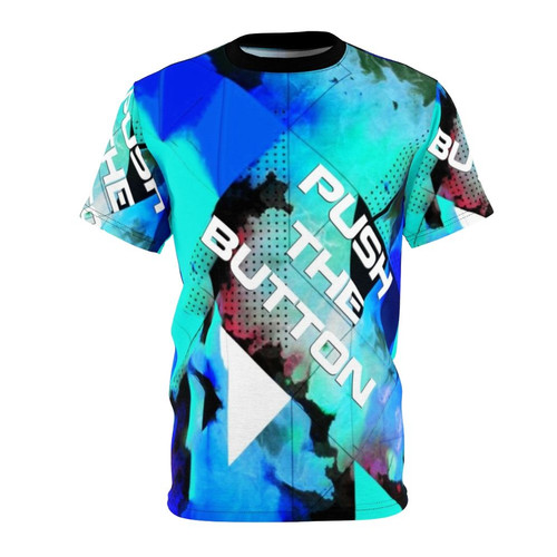 Vibrant and trendy Push The Button gig shirt featuring electronic and trance music inspired design.