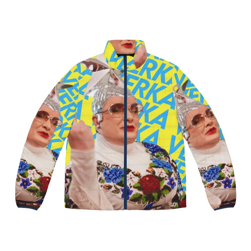 Verka Serduchka wearing a colorful puffer jacket on stage