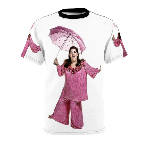 Vintage-style t-shirt featuring a graphic design inspired by Cass Elliot, the iconic singer from the 1960s and 1970s band The Mamas & The Papas.