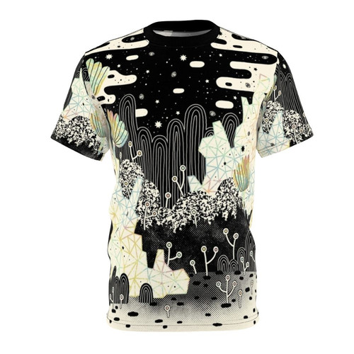Enchanting dreamscape t-shirt featuring a whimsical fantasy art design with pastel colors and crystals