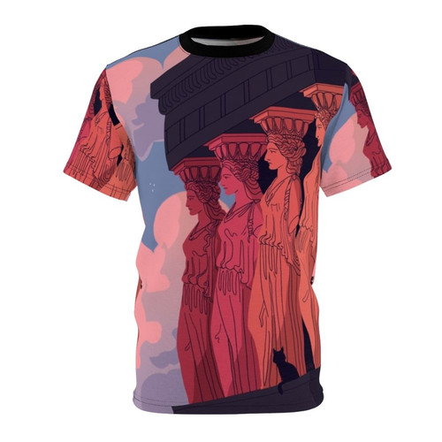 Caryatids at dusk, ancient Greek architectural landscape design printed on an all-over-print t-shirt