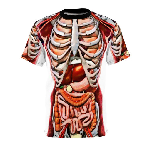 Detailed print of the internal organs and skeletal anatomy on a t-shirt
