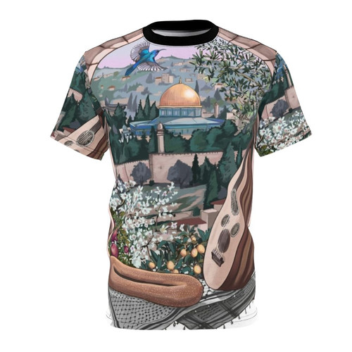 Stylish Arabic-inspired t-shirt with Palestinian cultural elements like olive tree, lemon tree, and Arabic calligraphy.